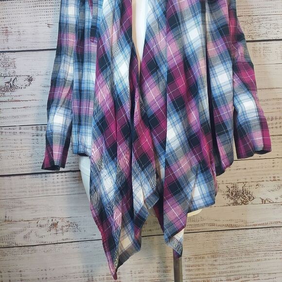 Womans Top sz S/P Pink Purple Black Plaid Open Waterfall Front Long Sleeve - Picture 3 of 7